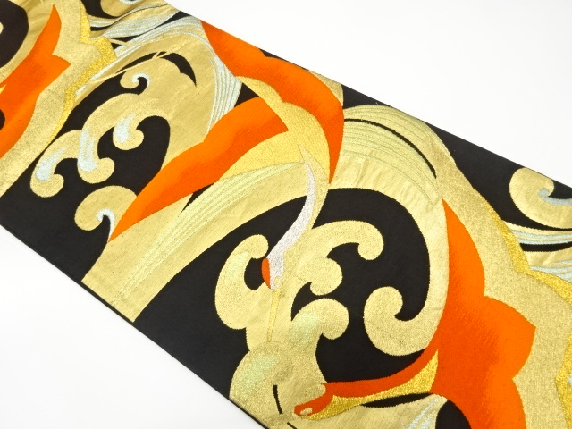 JAPANESE KIMONO / ANTIQUE FUKURO OBI / SILK / WOVEN CRANE & RAGING WAVES